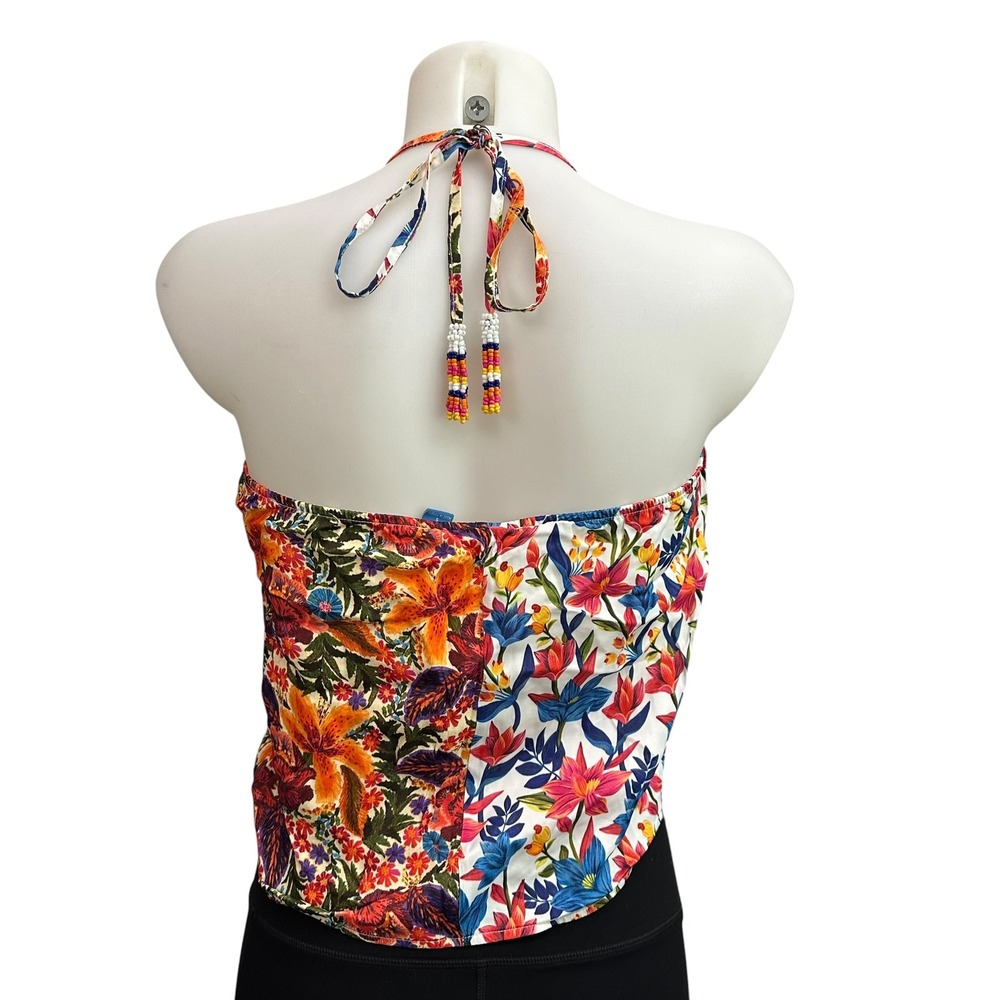 Farm Rio x Anthropologie Spliced Cami Tie Front Halter Top Tropical Print sz S - Picture 4 of 9